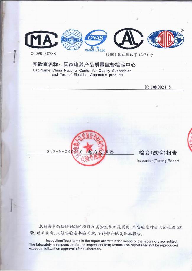 S13-M-800/10 Power Transformer Inspection Report